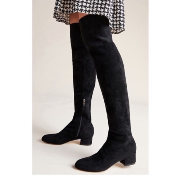 Anthropologie Black Suede Over-The-Knee Boots 1.5” Block Heel Sz 6 Witchy Office - Picture 1 of 16